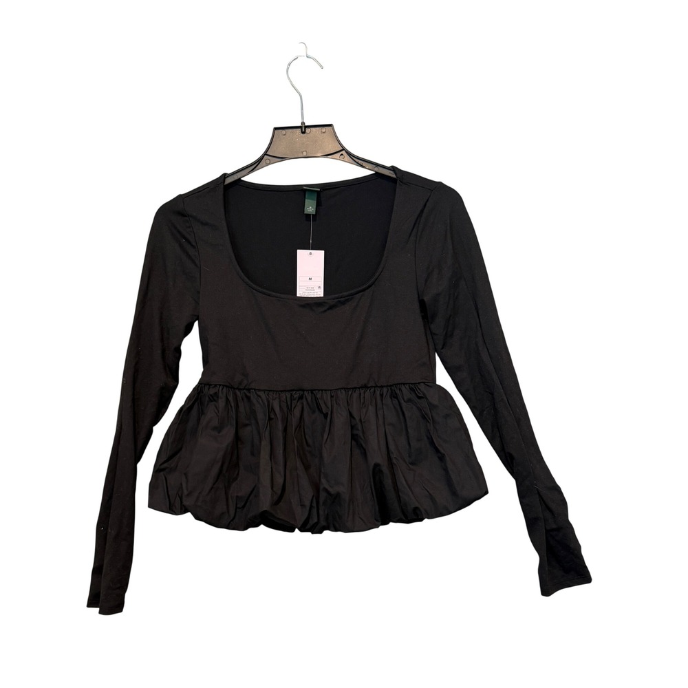 Wild Fable Knit Black Long Sleeve Bubble Hem Top Square Neck Cropped Med NWT